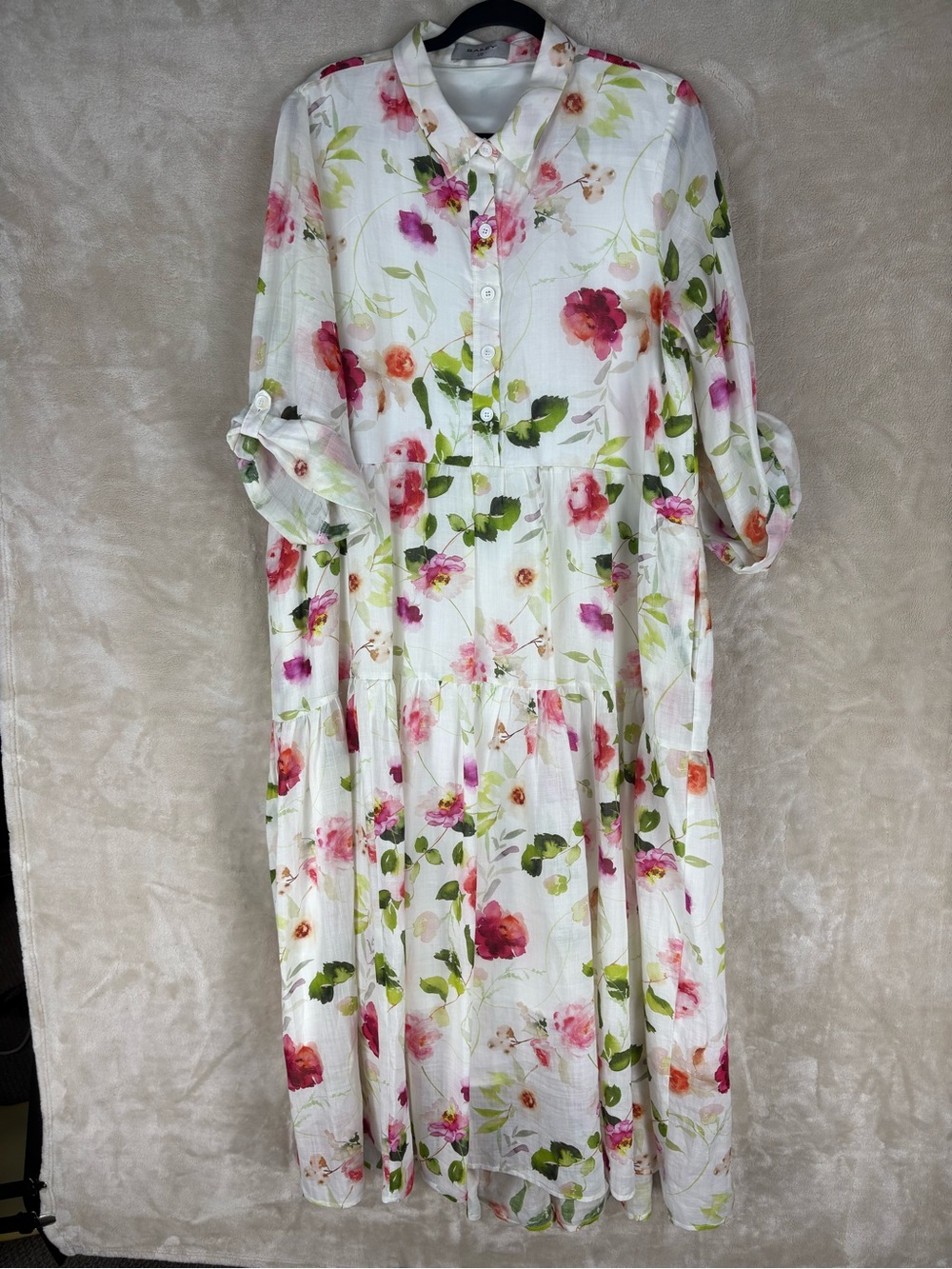 Brian Bailey Floral Tiered Lined Linen Dress in White with Pink & Green Print